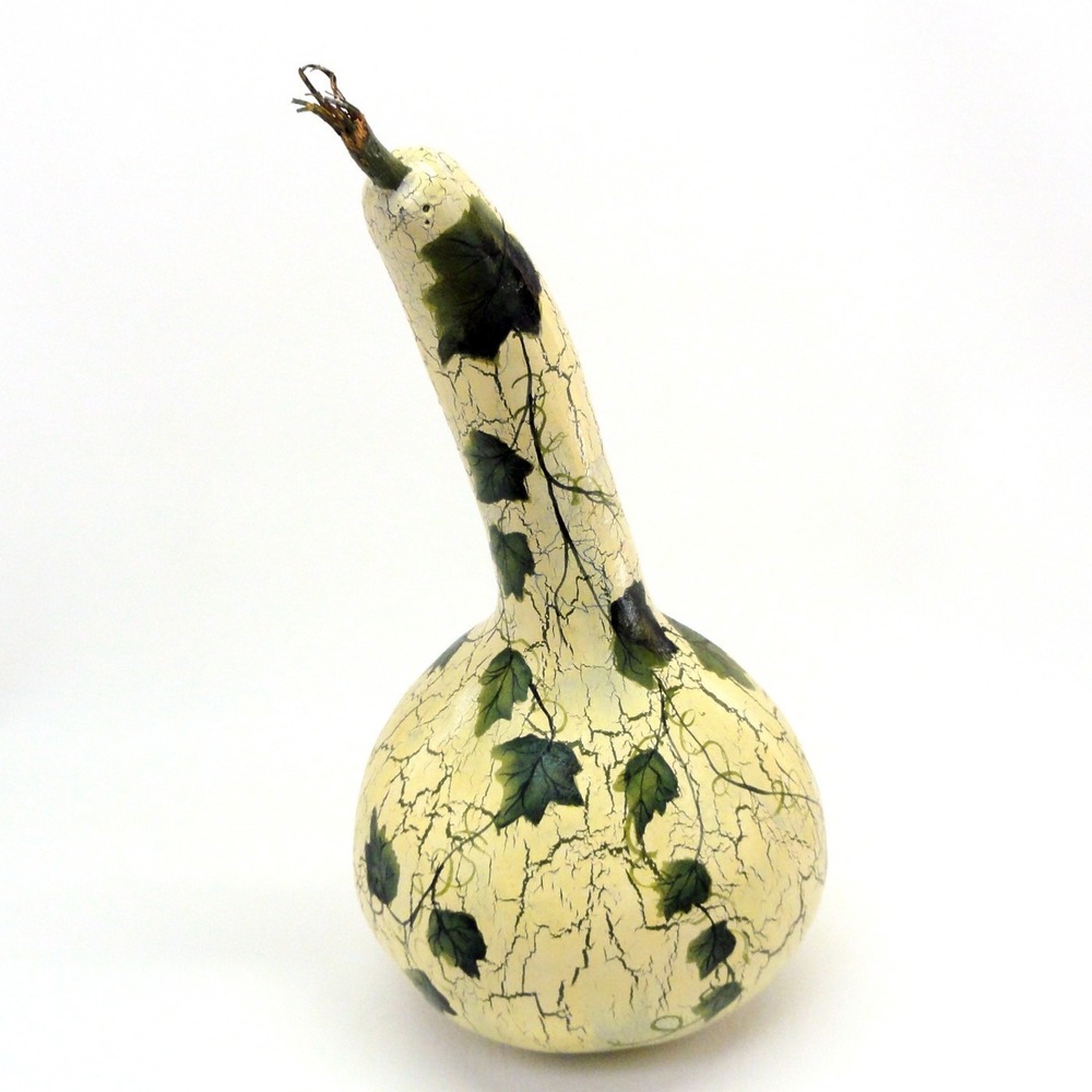 Hand Painted Dried Gourd Long Neck Crackle Finish Green Ivy Vine Decor Rattle - Picture 1 of 11